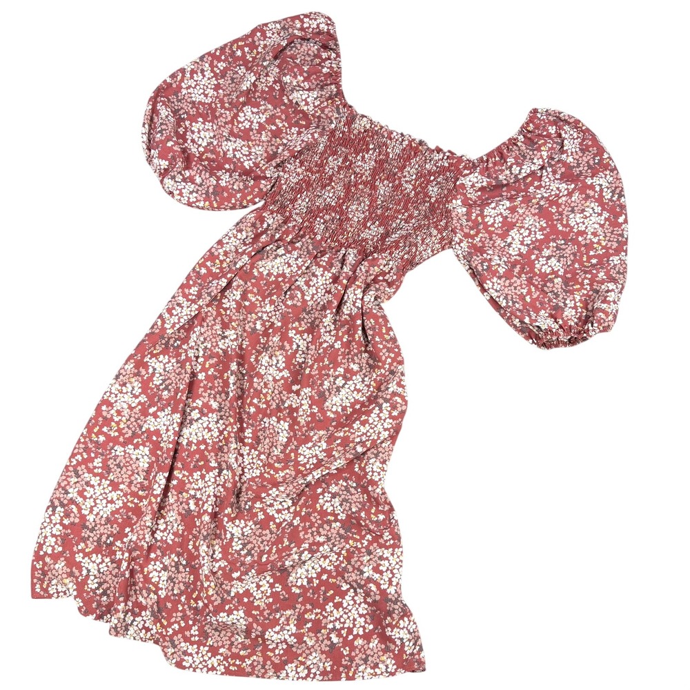 Vine & Love Floral Midi Dress Women Medium Red Puff Sleeve Smocked Square Neck